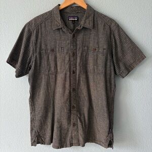 Patagonia Back Step Button Up Shirt Blue Black Plaid Hemp Blend Short Sleeve